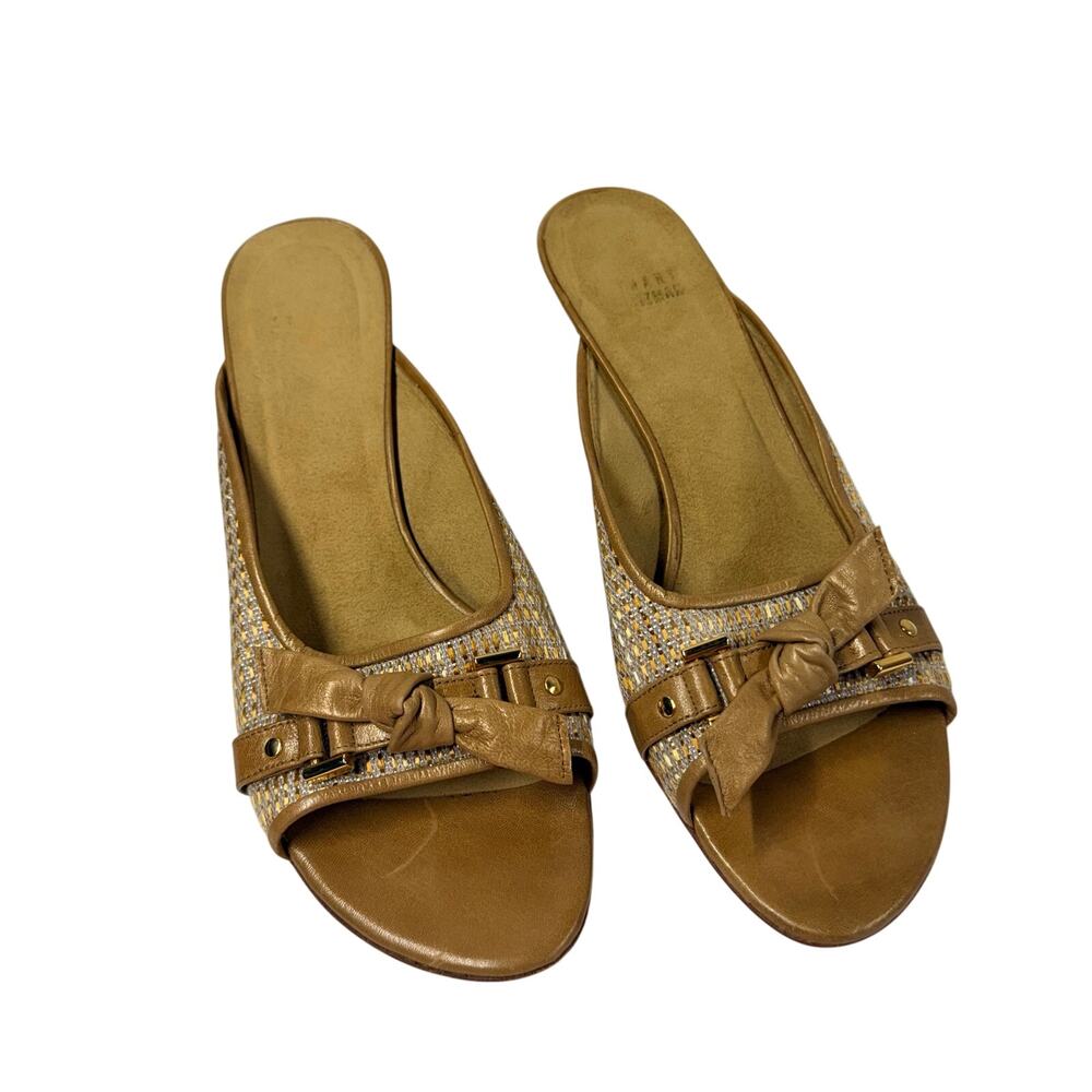 Stuart Weitzman Slip On Heels Open Back Tweed Leather 10 Kitten Heel Mules